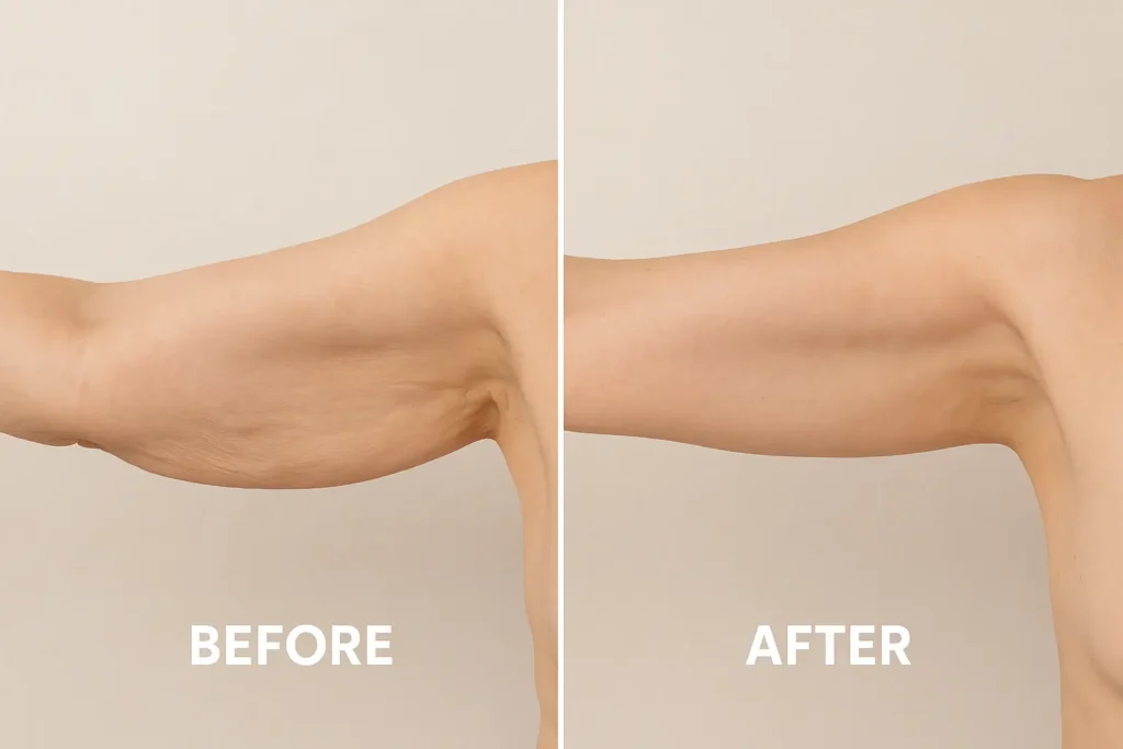 Picture of LA LIPO Greater London (Sutton) before and after results of skin tightening treatment on the upper arms.