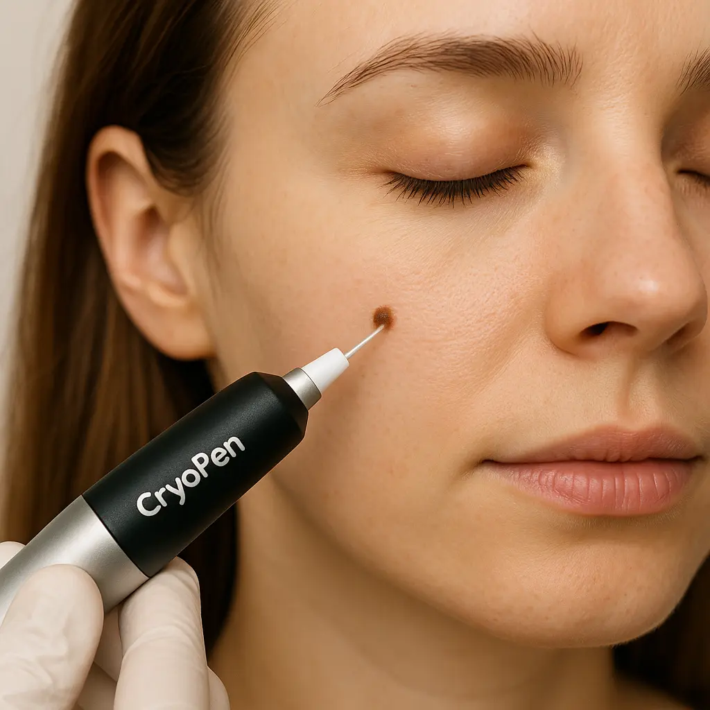 woman receiving facial mole removal Greater London (Sutton) using cryopen