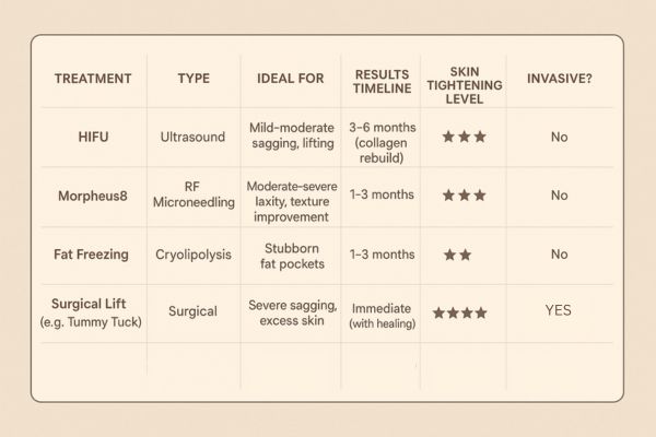 Table showing the comparisons of Skin tightening Greater London (Sutton) treatment options.